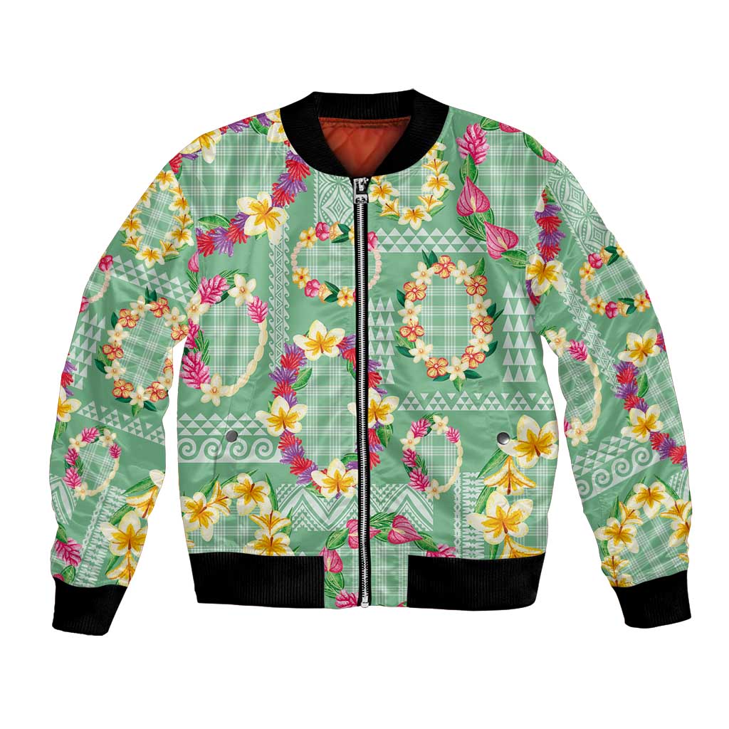 Hawaiian Leis Bomber Jacket Kakau Tattoos and Palaka Pastel Green Color