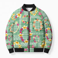 Hawaiian Leis Bomber Puffer Jacket Kakau Tattoos and Palaka Pastel Green Color