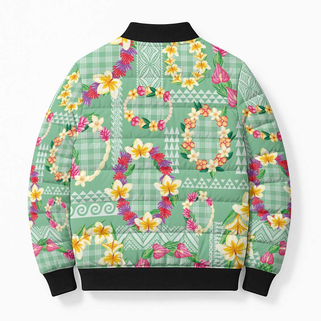 Hawaiian Leis Bomber Puffer Jacket Kakau Tattoos and Palaka Pastel Green Color