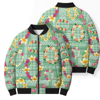 Hawaiian Leis Bomber Puffer Jacket Kakau Tattoos and Palaka Pastel Green Color