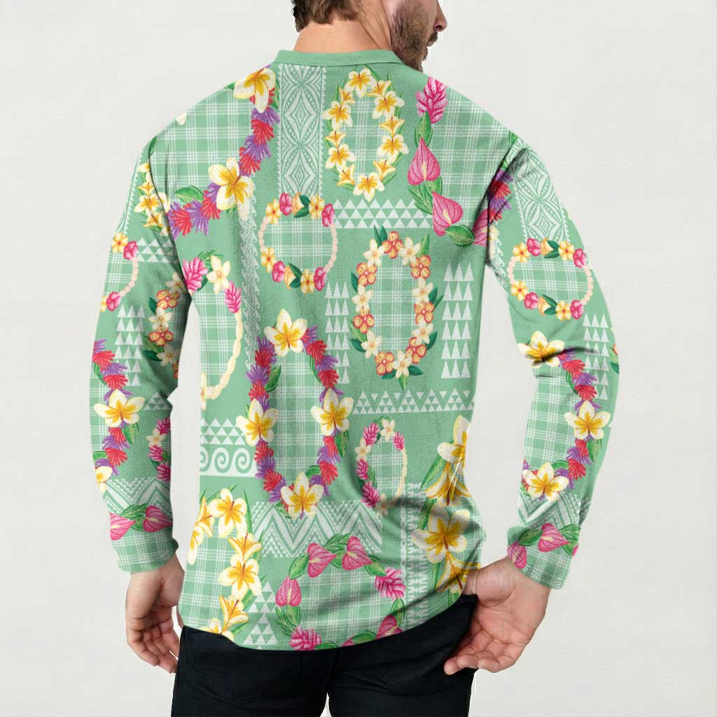 Hawaiian Leis Button Sweatshirt Kakau Tattoos and Palaka Pastel Green Color