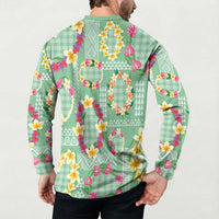 Hawaiian Leis Button Sweatshirt Kakau Tattoos and Palaka Pastel Green Color