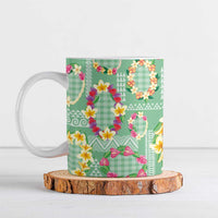 Hawaiian Leis Ceramic Mug Kakau Tattoos and Palaka Pastel Green Color