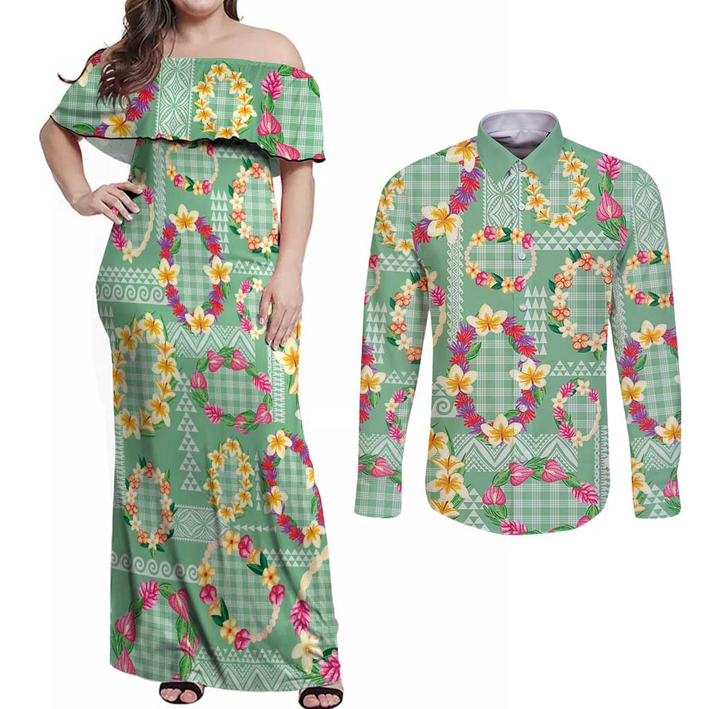 Hawaiian Leis Couples Matching Off Shoulder Maxi Dress and Long Sleeve Button Shirt Kakau Tattoos and Palaka Pastel Green Color LT03 Green - Polynesian Pride