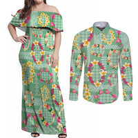Hawaiian Leis Couples Matching Off Shoulder Maxi Dress and Long Sleeve Button Shirt Kakau Tattoos and Palaka Pastel Green Color LT03 Green - Polynesian Pride