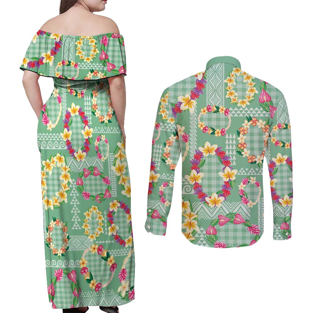 Hawaiian Leis Couples Matching Off Shoulder Maxi Dress and Long Sleeve Button Shirt Kakau Tattoos and Palaka Pastel Green Color LT03 - Polynesian Pride