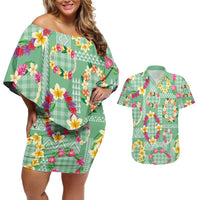 Hawaiian Leis Couples Matching Off Shoulder Short Dress and Hawaiian Shirt Kakau Tattoos and Palaka Pastel Green Color LT03 Green - Polynesian Pride