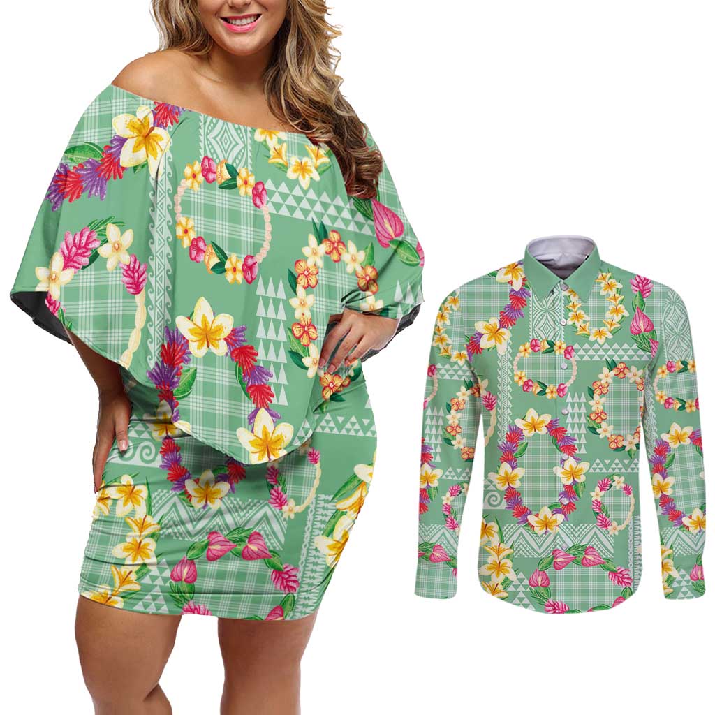 Hawaiian Leis Couples Matching Off Shoulder Short Dress and Long Sleeve Button Shirt Kakau Tattoos and Palaka Pastel Green Color LT03 Green - Polynesian Pride