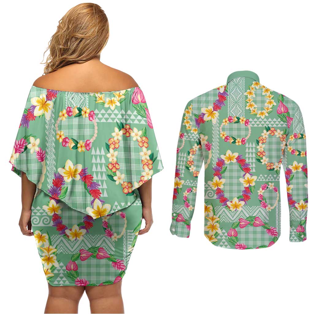 Hawaiian Leis Couples Matching Off Shoulder Short Dress and Long Sleeve Button Shirt Kakau Tattoos and Palaka Pastel Green Color LT03 - Polynesian Pride
