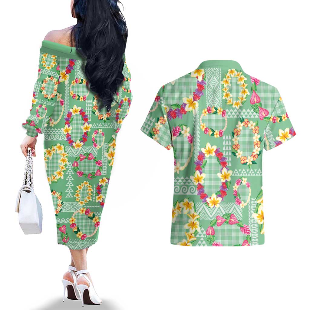 Hawaiian Leis Couples Matching Off The Shoulder Long Sleeve Dress and Hawaiian Shirt Kakau Tattoos and Palaka Pastel Green Color LT03 - Polynesian Pride