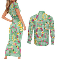 Hawaiian Leis Couples Matching Short Sleeve Bodycon Dress and Long Sleeve Button Shirt Kakau Tattoos and Palaka Pastel Green Color LT03 - Polynesian Pride