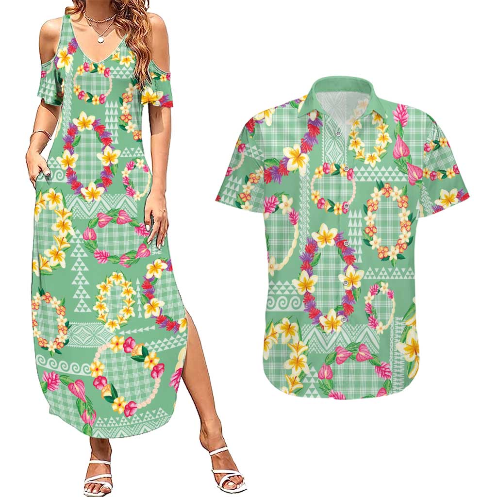Hawaiian Leis Couples Matching Summer Maxi Dress and Hawaiian Shirt Kakau Tattoos and Palaka Pastel Green Color LT03 Green - Polynesian Pride