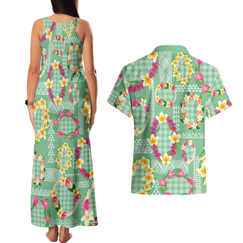 Hawaiian Leis Couples Matching Tank Maxi Dress and Hawaiian Shirt Kakau Tattoos and Palaka Pastel Green Color LT03 - Polynesian Pride