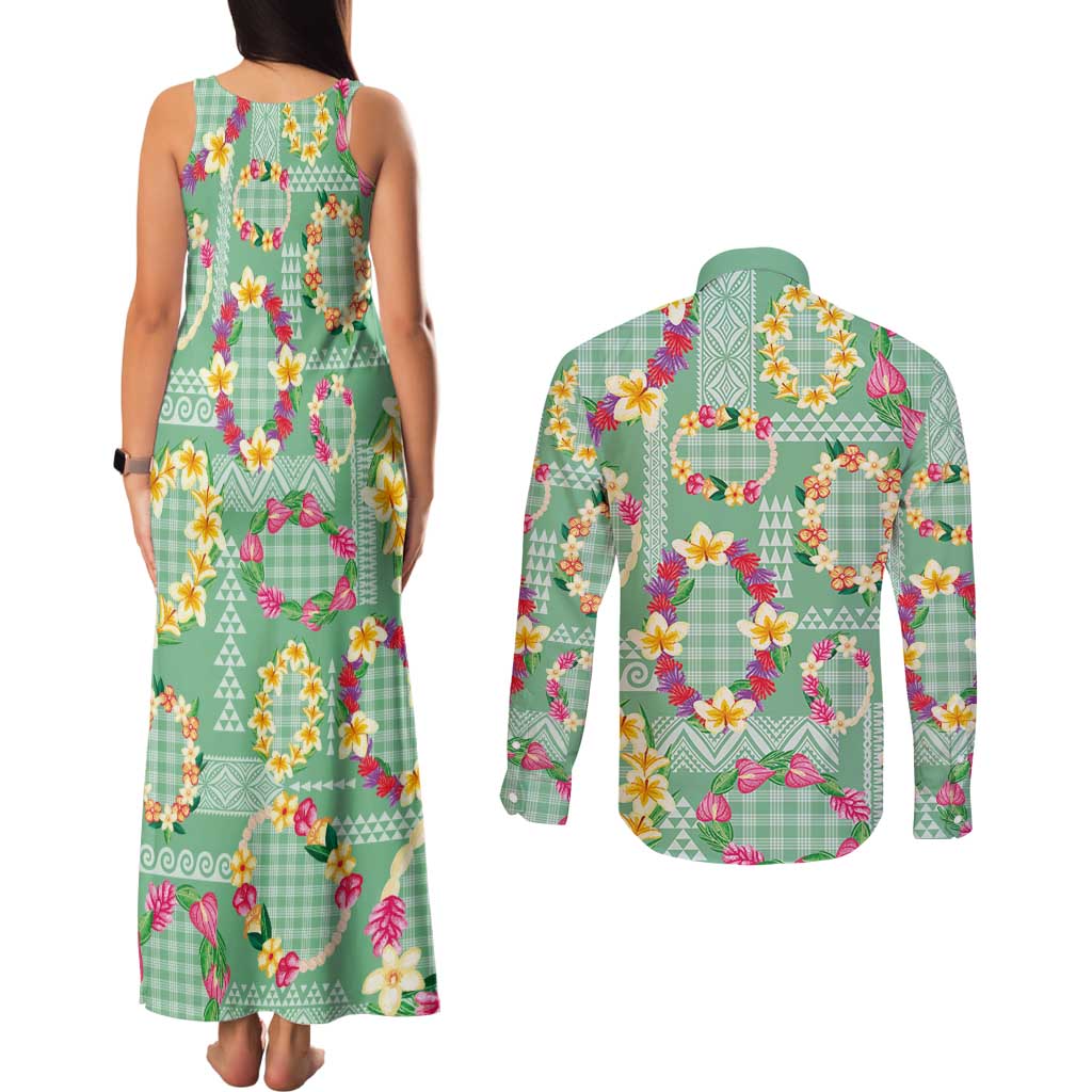 Hawaiian Leis Couples Matching Tank Maxi Dress and Long Sleeve Button Shirt Kakau Tattoos and Palaka Pastel Green Color LT03 - Polynesian Pride