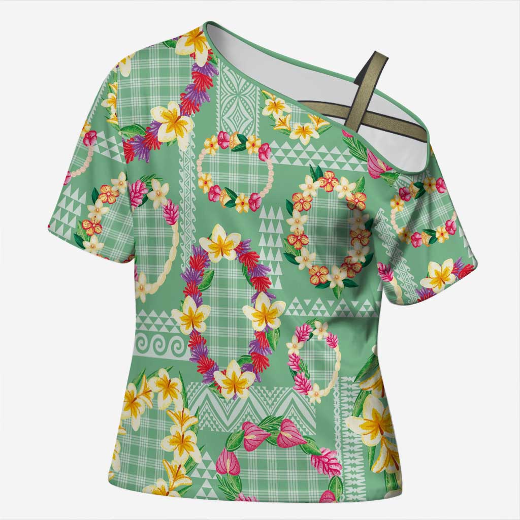 Hawaiian Leis Cross Shoulder Shirt Kakau Tattoos and Palaka Pastel Green Color