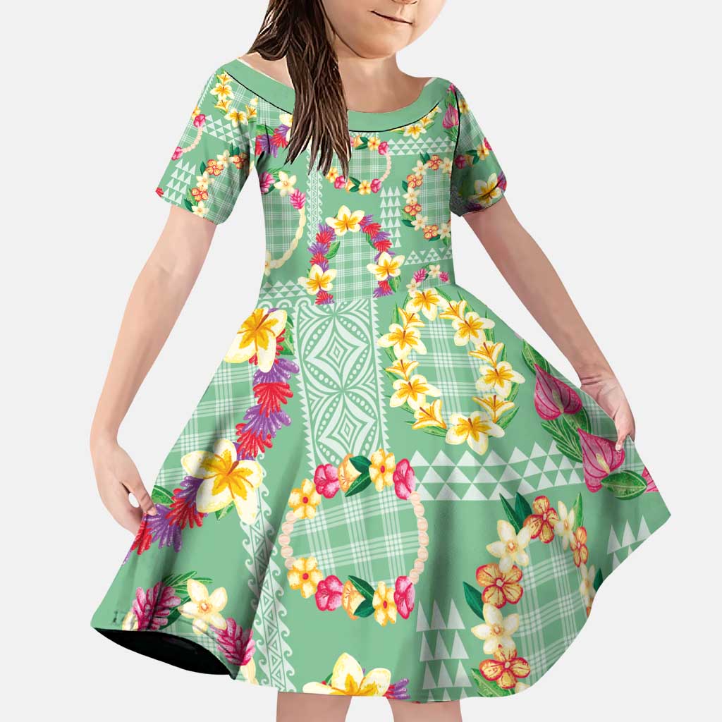 Hawaiian Leis Family Matching Long Sleeve Bodycon Dress and Hawaiian Shirt Kakau Tattoos and Palaka Pastel Green Color LT03 Daughter's Dress Green - Polynesian Pride