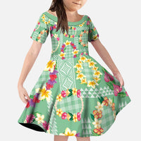 Hawaiian Leis Family Matching Long Sleeve Bodycon Dress and Hawaiian Shirt Kakau Tattoos and Palaka Pastel Green Color LT03 Daughter's Dress Green - Polynesian Pride