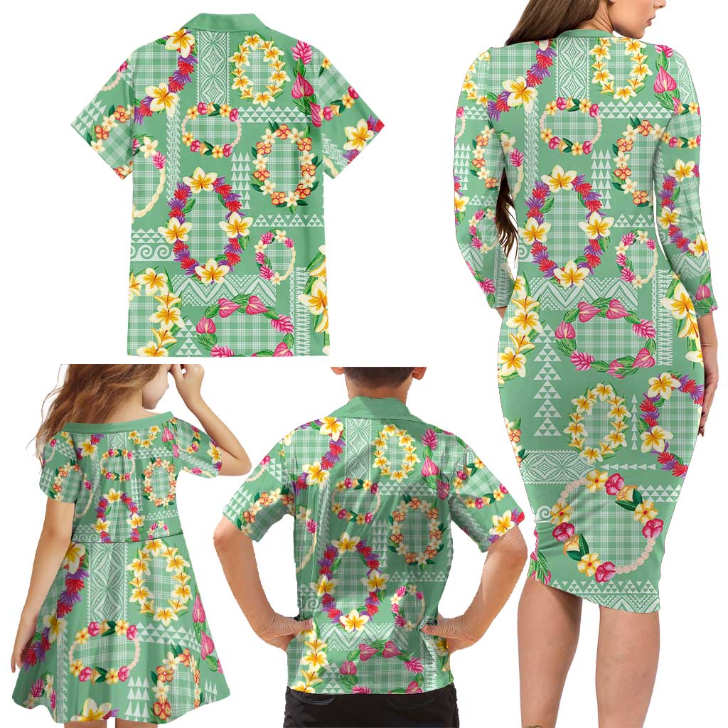 Hawaiian Leis Family Matching Long Sleeve Bodycon Dress and Hawaiian Shirt Kakau Tattoos and Palaka Pastel Green Color LT03 - Polynesian Pride