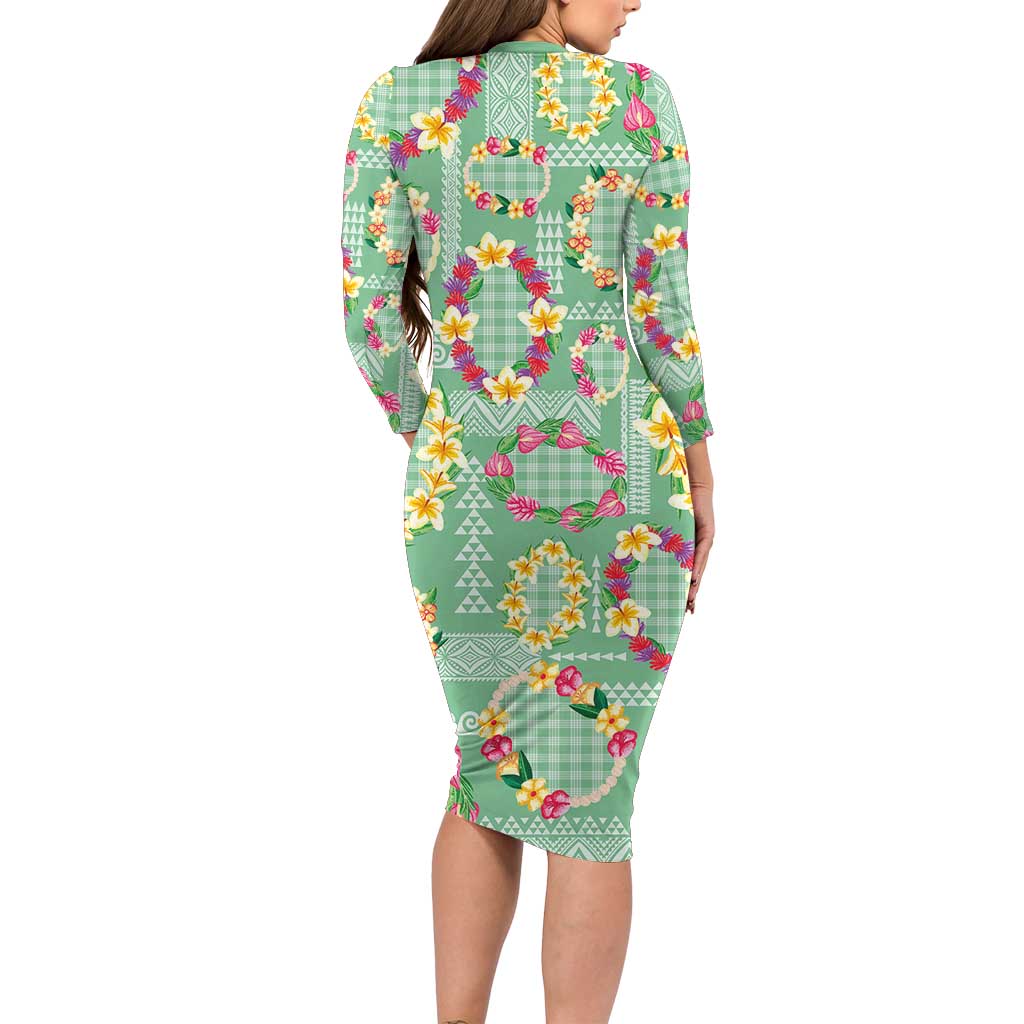 Hawaiian Leis Family Matching Long Sleeve Bodycon Dress and Hawaiian Shirt Kakau Tattoos and Palaka Pastel Green Color LT03 - Polynesian Pride