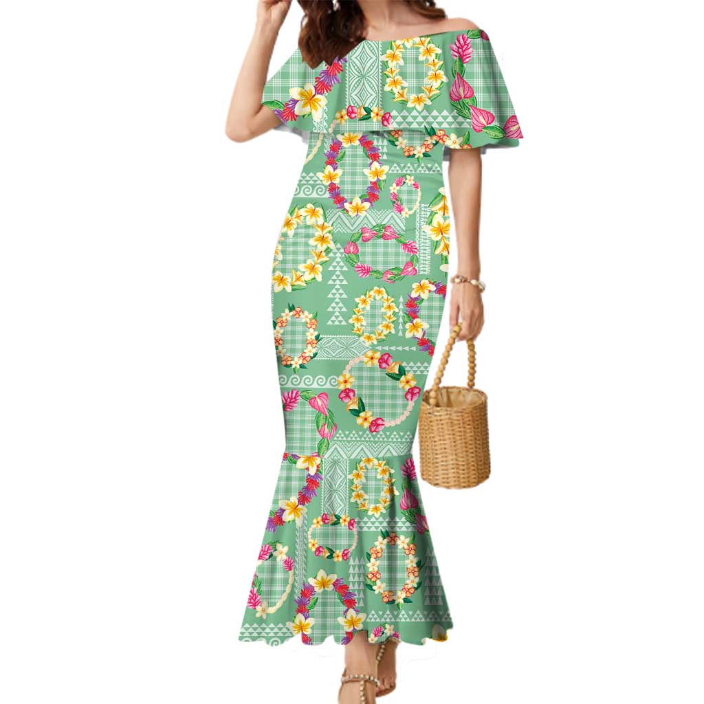 Hawaiian Leis Family Matching Mermaid Dress and Hawaiian Shirt Kakau Tattoos and Palaka Pastel Green Color LT03 Mom's Dress Green - Polynesian Pride