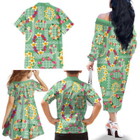 Hawaiian Leis Family Matching Off The Shoulder Long Sleeve Dress and Hawaiian Shirt Kakau Tattoos and Palaka Pastel Green Color LT03 - Polynesian Pride