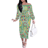 Hawaiian Leis Family Matching Off The Shoulder Long Sleeve Dress and Hawaiian Shirt Kakau Tattoos and Palaka Pastel Green Color LT03 Mom's Dress Green - Polynesian Pride