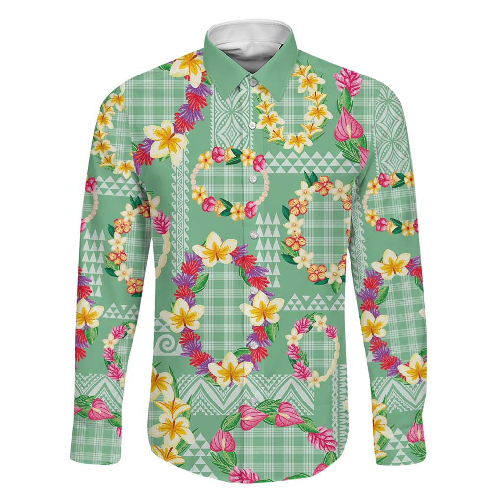 Hawaiian Leis Family Matching Off Shoulder Maxi Dress and Hawaiian Shirt Kakau Tattoos and Palaka Pastel Green Color LT03 Dad's Shirt - Long Sleeve Green - Polynesian Pride