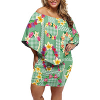 Hawaiian Leis Family Matching Off Shoulder Short Dress and Hawaiian Shirt Kakau Tattoos and Palaka Pastel Green Color LT03 Mom's Dress Green - Polynesian Pride
