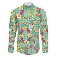 Hawaiian Leis Family Matching Puletasi and Hawaiian Shirt Kakau Tattoos and Palaka Pastel Green Color LT03 Dad's Shirt - Long Sleeve Green - Polynesian Pride