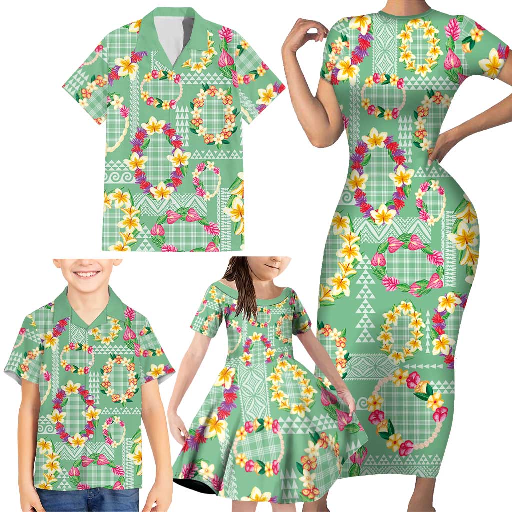 Hawaiian Leis Family Matching Short Sleeve Bodycon Dress and Hawaiian Shirt Kakau Tattoos and Palaka Pastel Green Color LT03 - Polynesian Pride