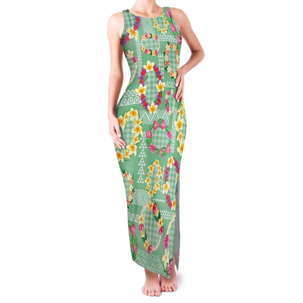 Hawaiian Leis Family Matching Tank Maxi Dress and Hawaiian Shirt Kakau Tattoos and Palaka Pastel Green Color LT03 Mom's Dress Green - Polynesian Pride