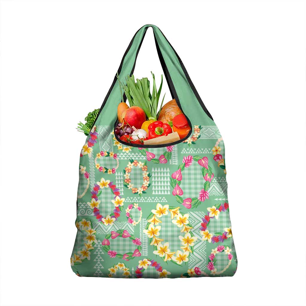 Hawaiian Leis Grocery Bag Kakau Tattoos and Palaka Pastel Green Color