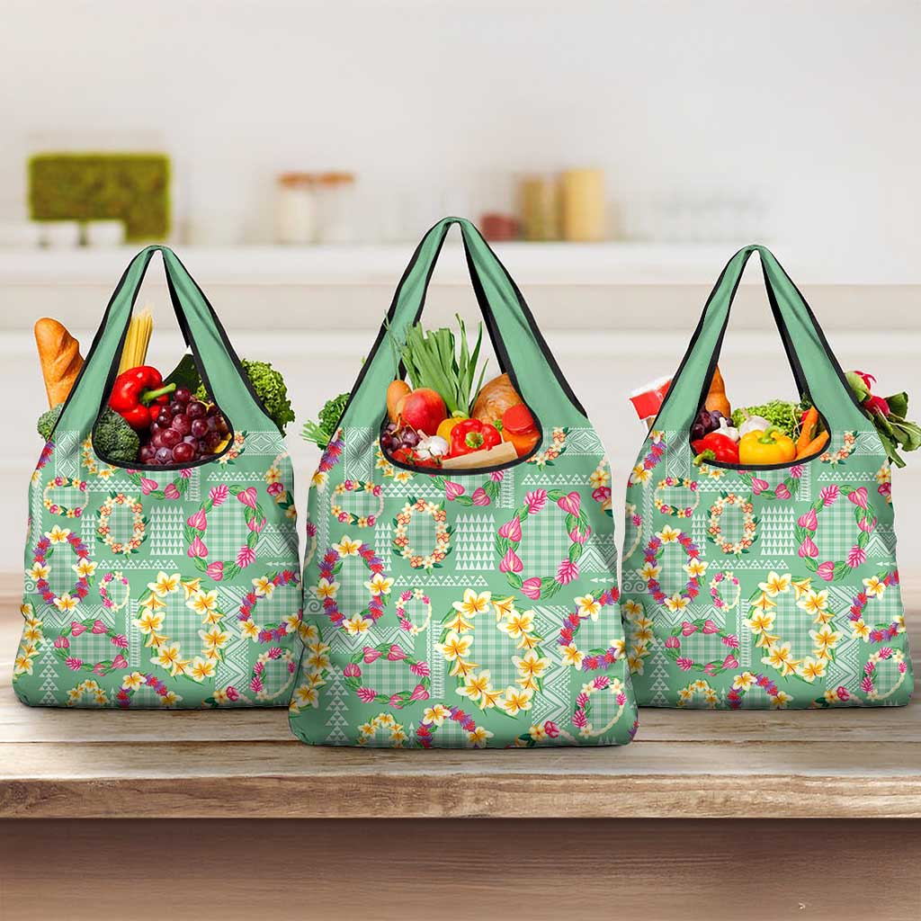 Hawaiian Leis Grocery Bag Kakau Tattoos and Palaka Pastel Green Color
