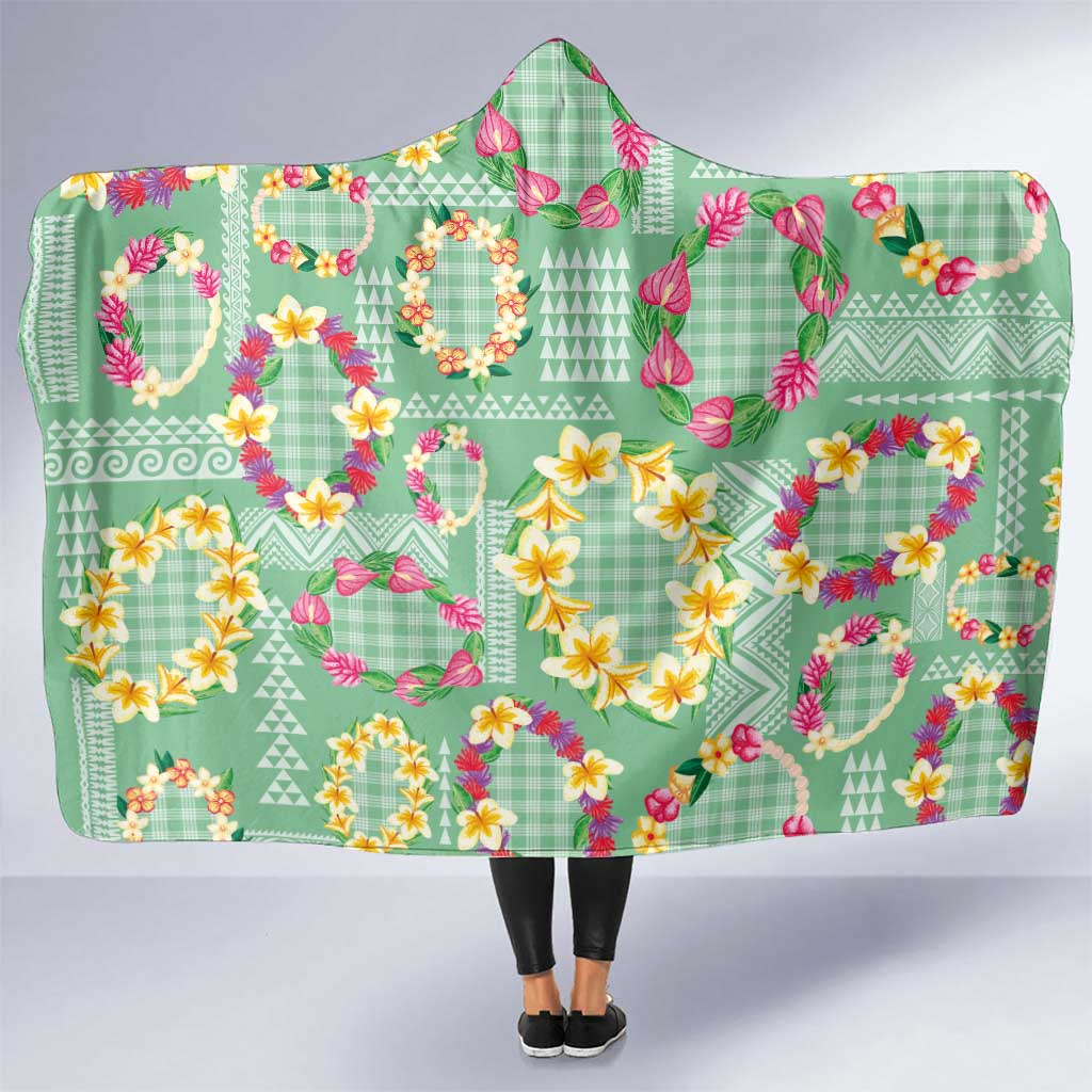 Hawaiian Leis Hooded Blanket Kakau Tattoos and Palaka Pastel Green Color