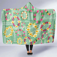 Hawaiian Leis Hooded Blanket Kakau Tattoos and Palaka Pastel Green Color