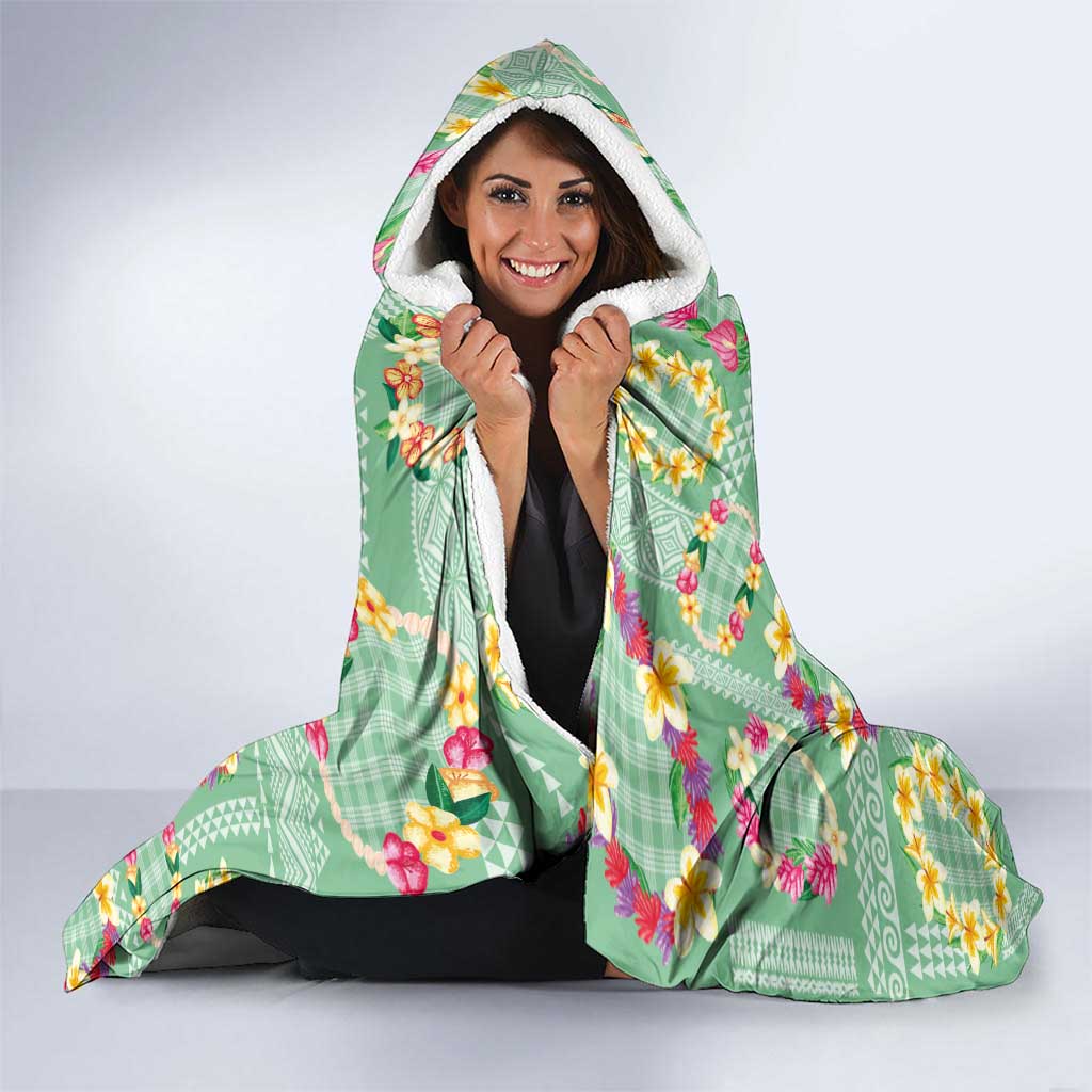 Hawaiian Leis Hooded Blanket Kakau Tattoos and Palaka Pastel Green Color