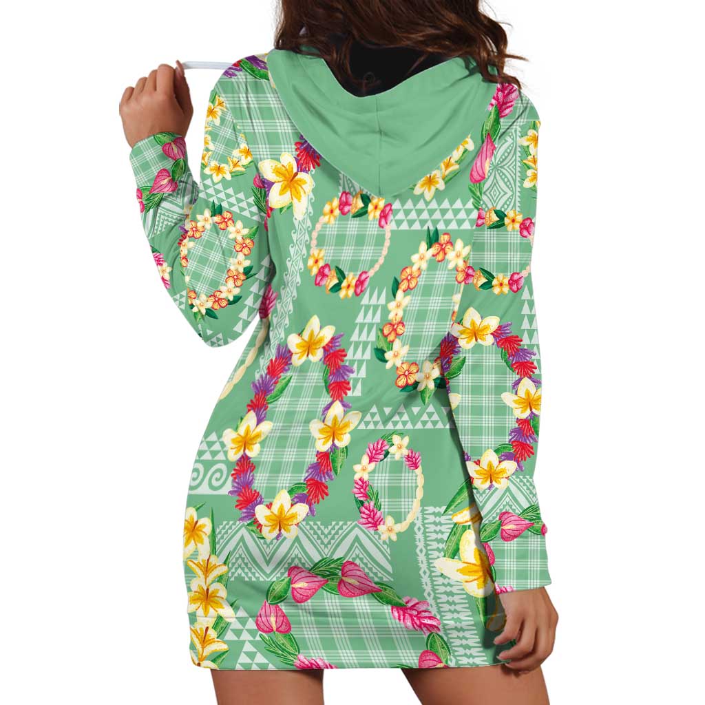 Hawaiian Leis Hoodie Dress Kakau Tattoos and Palaka Pastel Green Color
