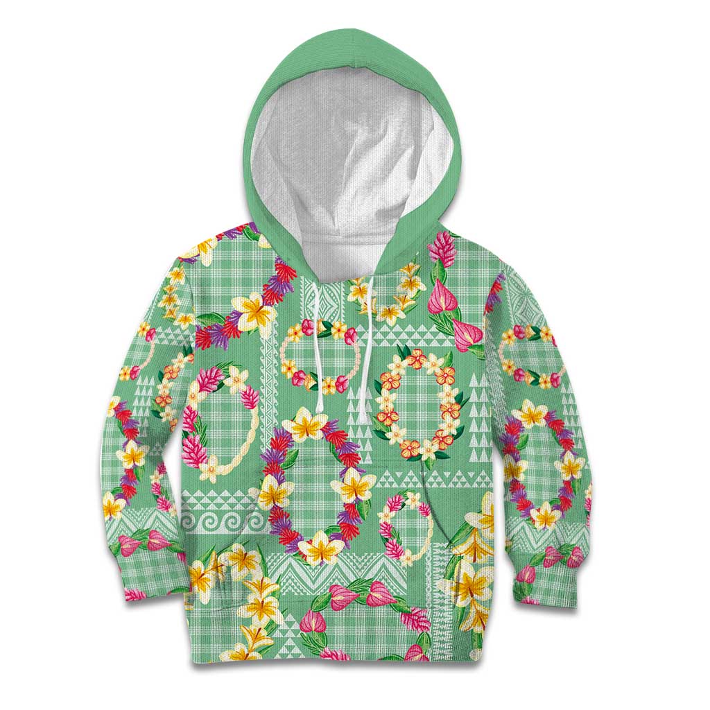 Hawaiian Leis Kid Hoodie Kakau Tattoos and Palaka Pastel Green Color
