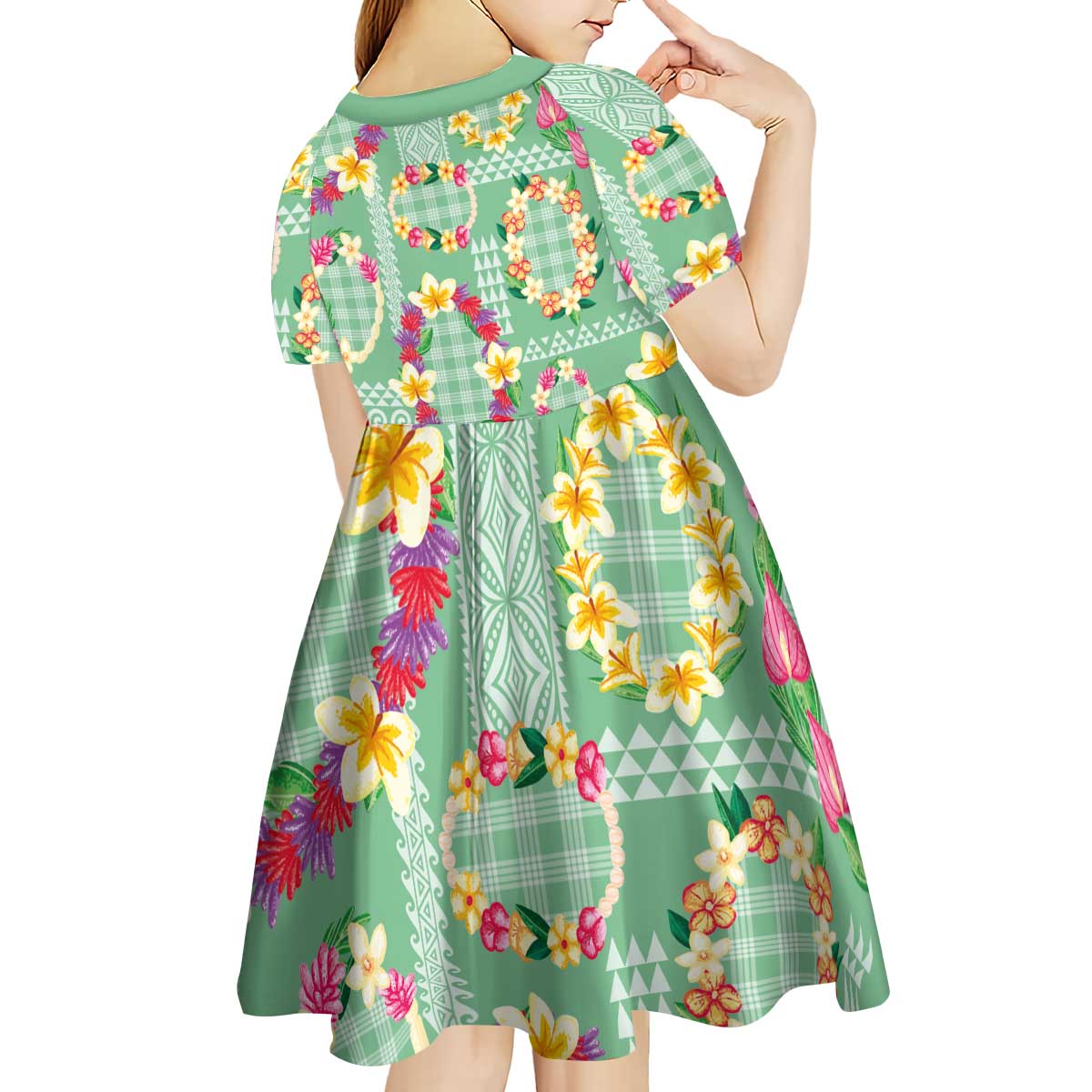 Hawaiian Leis Kid Short Sleeve Dress Kakau Tattoos and Palaka Pastel Green Color