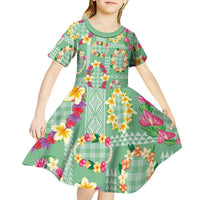 Hawaiian Leis Kid Short Sleeve Dress Kakau Tattoos and Palaka Pastel Green Color