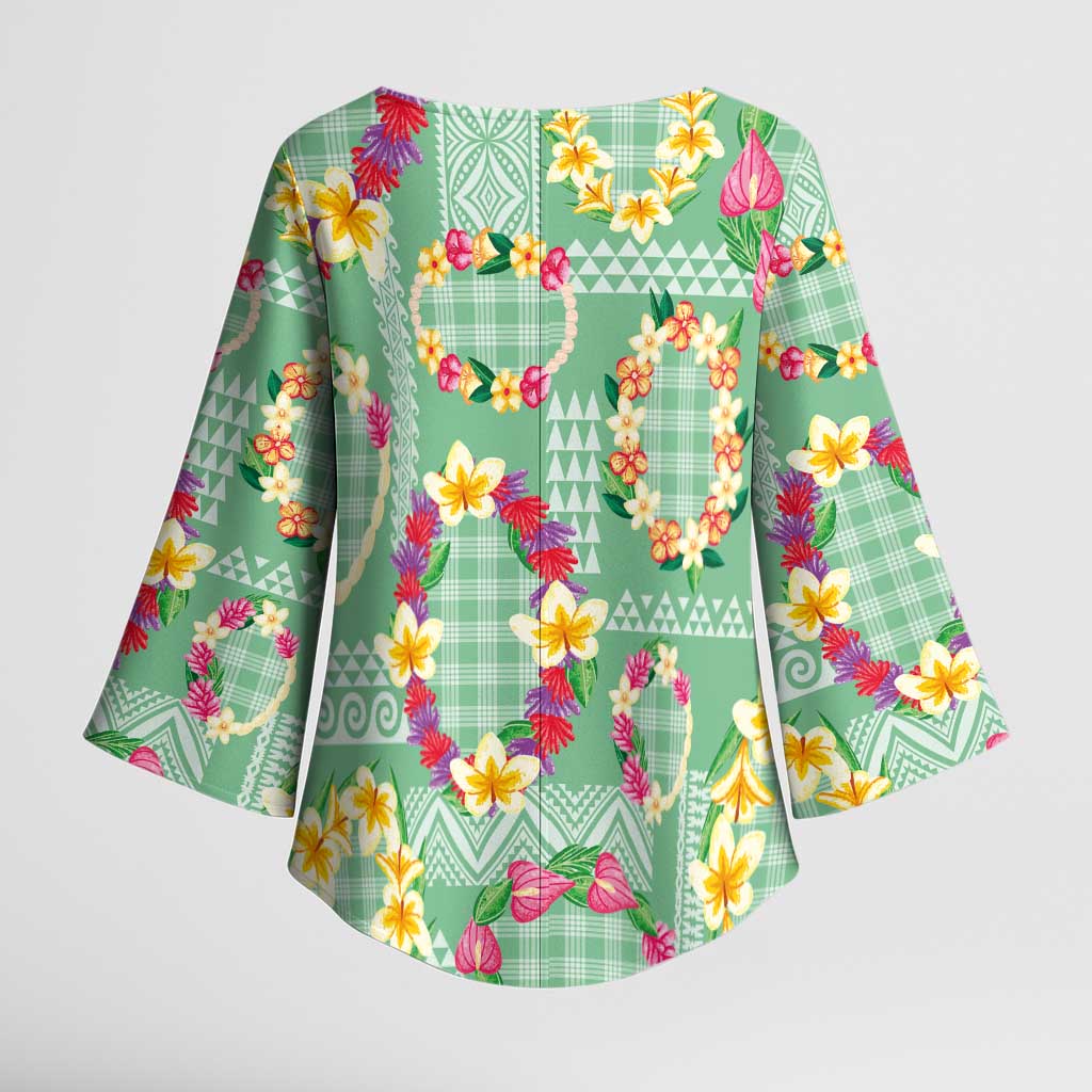Hawaiian Leis Kimono Sleeve Blouse Kakau Tattoos and Palaka Pastel Green Color