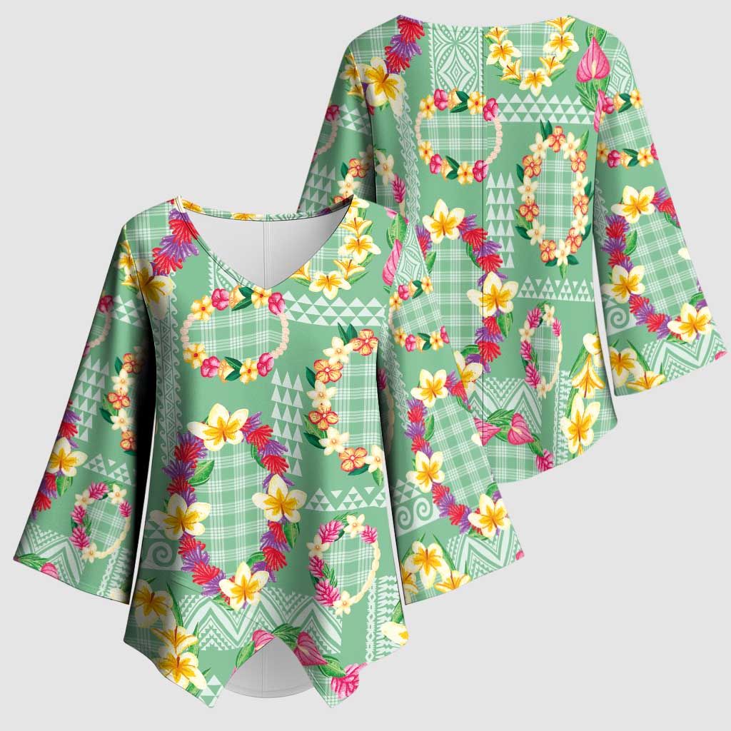Hawaiian Leis Kimono Sleeve Blouse Kakau Tattoos and Palaka Pastel Green Color