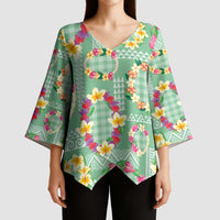 Hawaiian Leis Kimono Sleeve Blouse Kakau Tattoos and Palaka Pastel Green Color