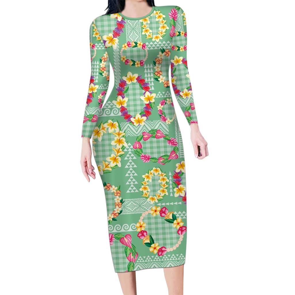 Hawaiian Leis Long Sleeve Bodycon Dress Kakau Tattoos and Palaka Pastel Green Color