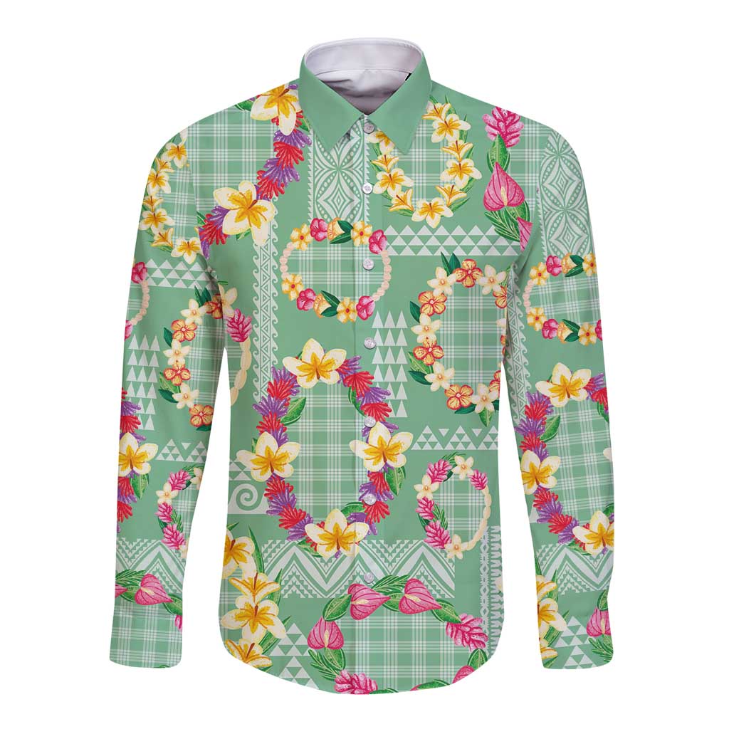 Hawaiian Leis Long Sleeve Button Shirt Kakau Tattoos and Palaka Pastel Green Color