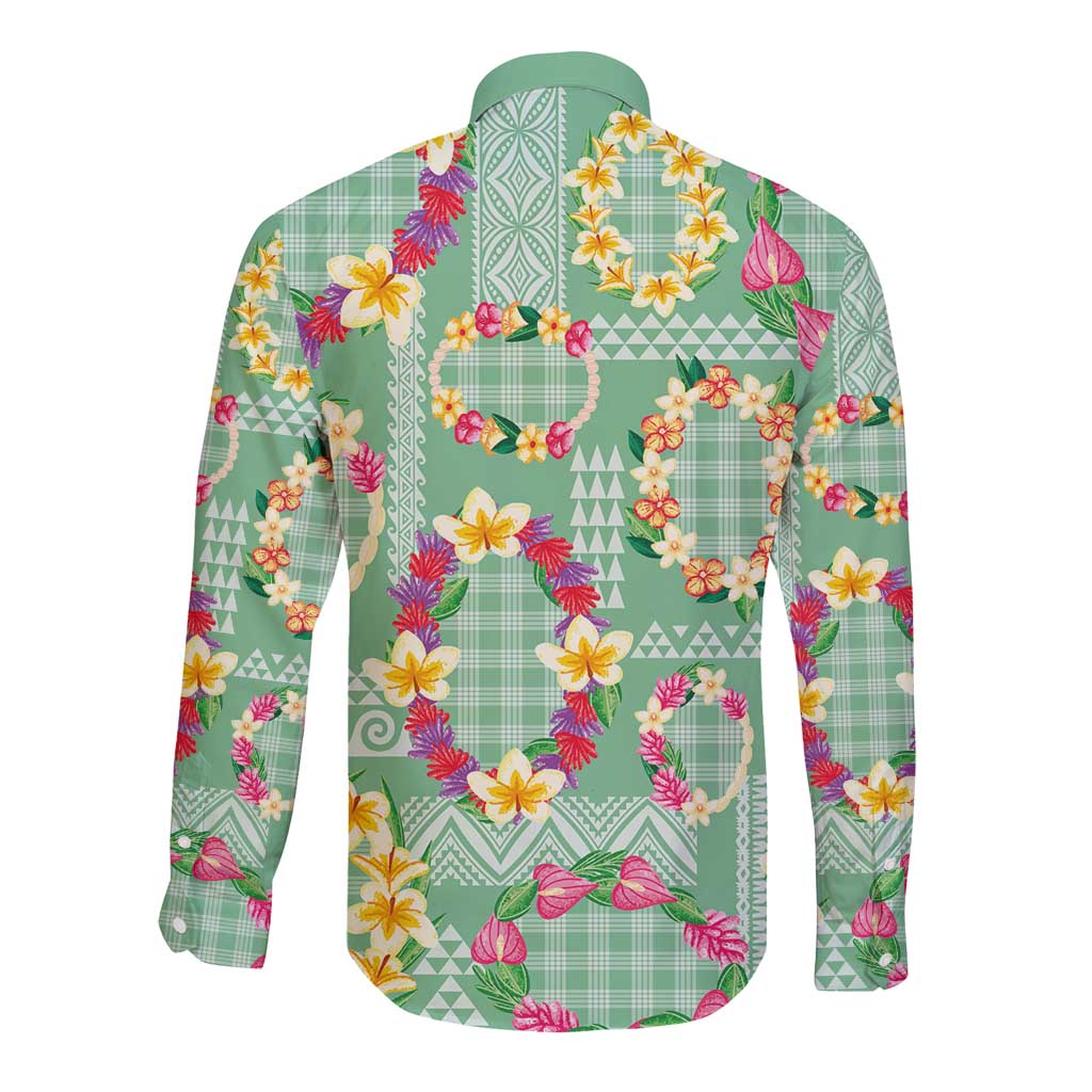 Hawaiian Leis Long Sleeve Button Shirt Kakau Tattoos and Palaka Pastel Green Color