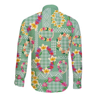 Hawaiian Leis Long Sleeve Button Shirt Kakau Tattoos and Palaka Pastel Green Color