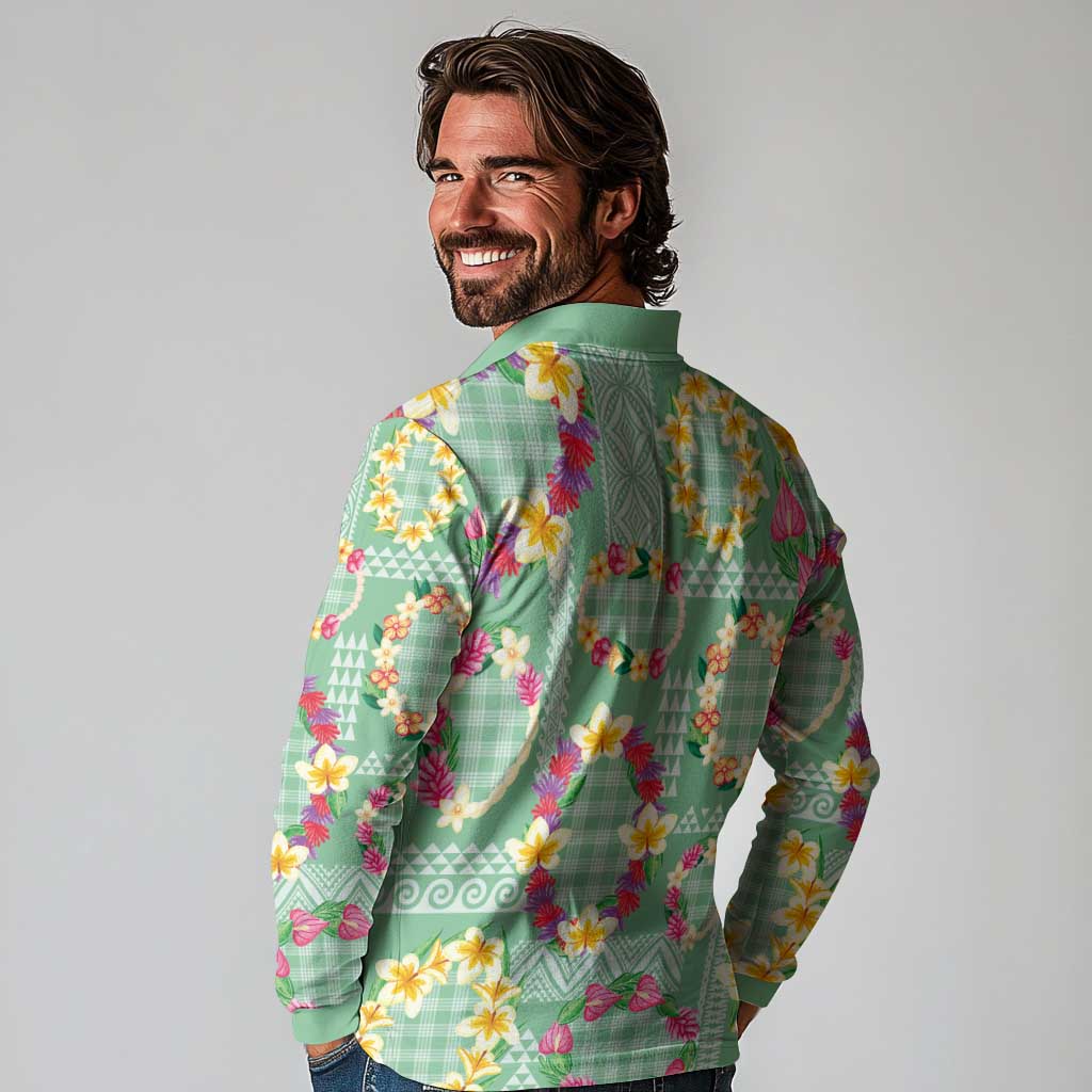 Hawaiian Leis Long Sleeve Polo Shirt Kakau Tattoos and Palaka Pastel Green Color