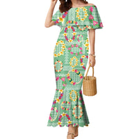 Hawaiian Leis Mermaid Dress Kakau Tattoos and Palaka Pastel Green Color