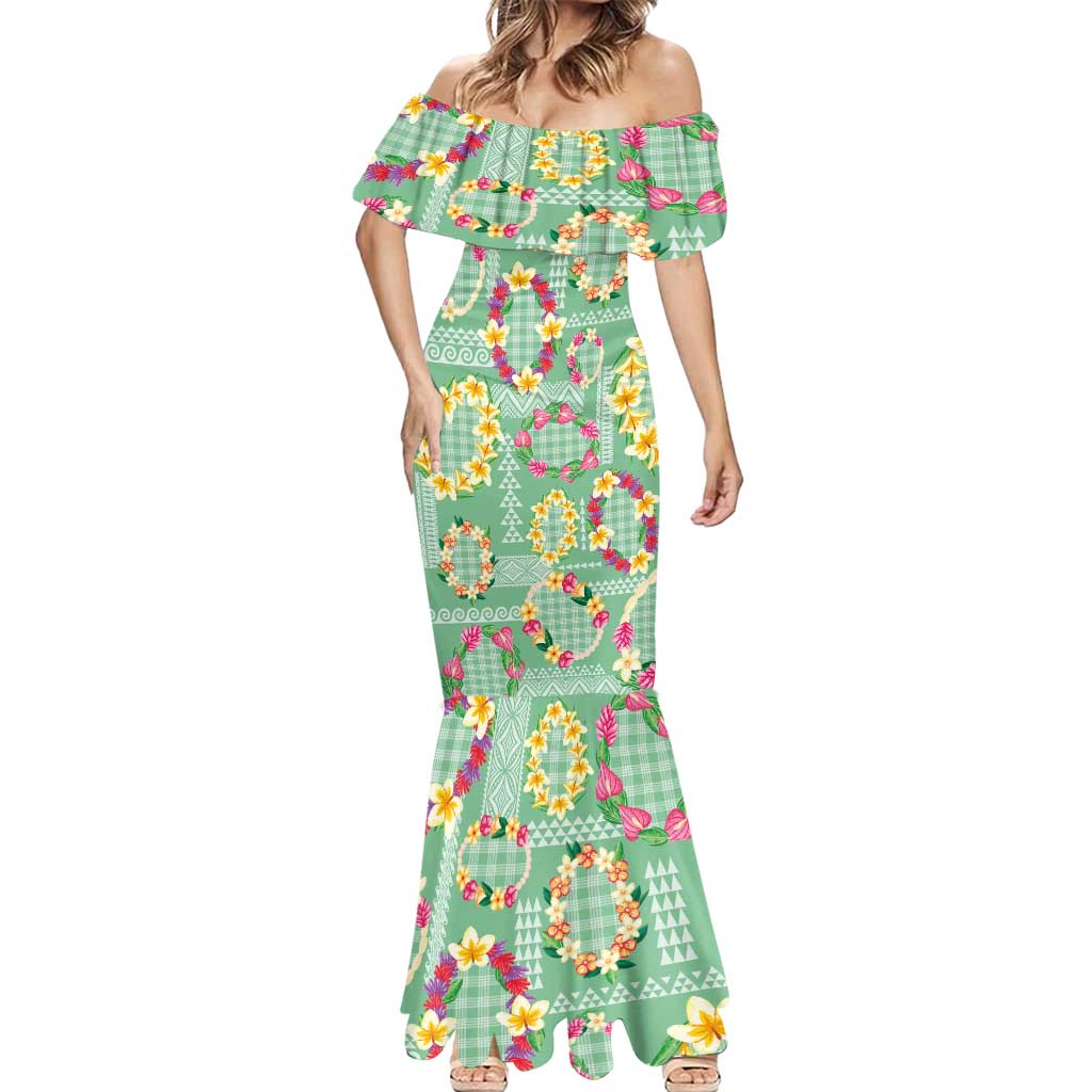Hawaiian Leis Mermaid Dress Kakau Tattoos and Palaka Pastel Green Color